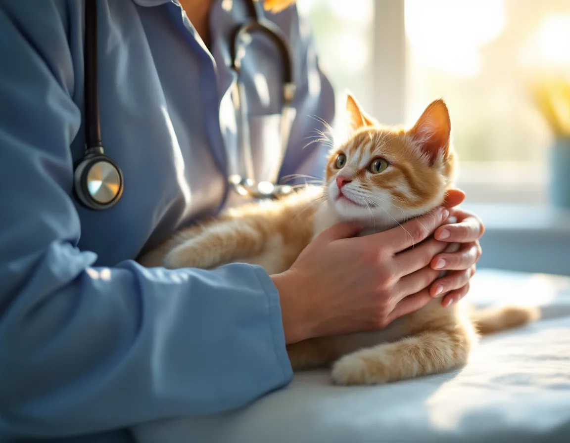 A veterinary technician gently reassuring a calm cat during a routine checkup in a bright exam room.