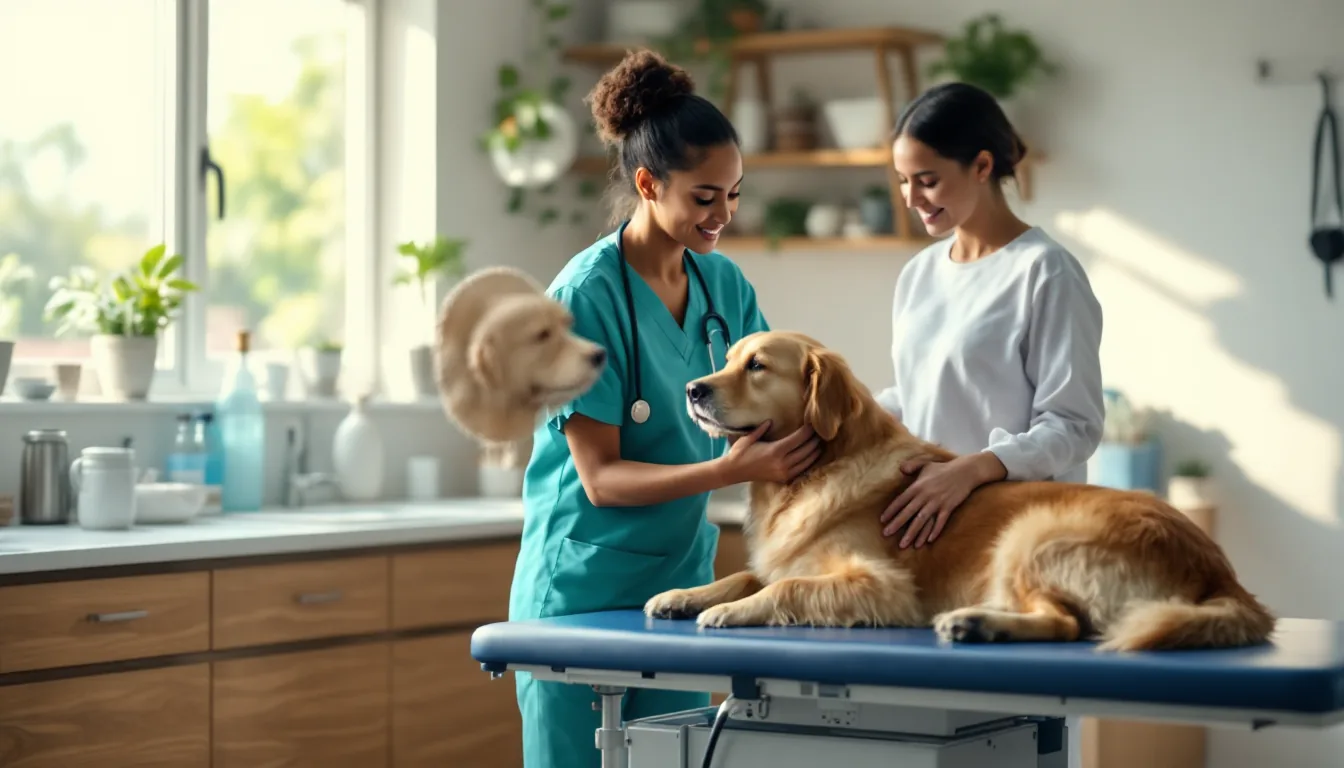 A veterinarian and a technician gently examining a calm golden retriever on an exam table in a bright, welcoming independent clinic.