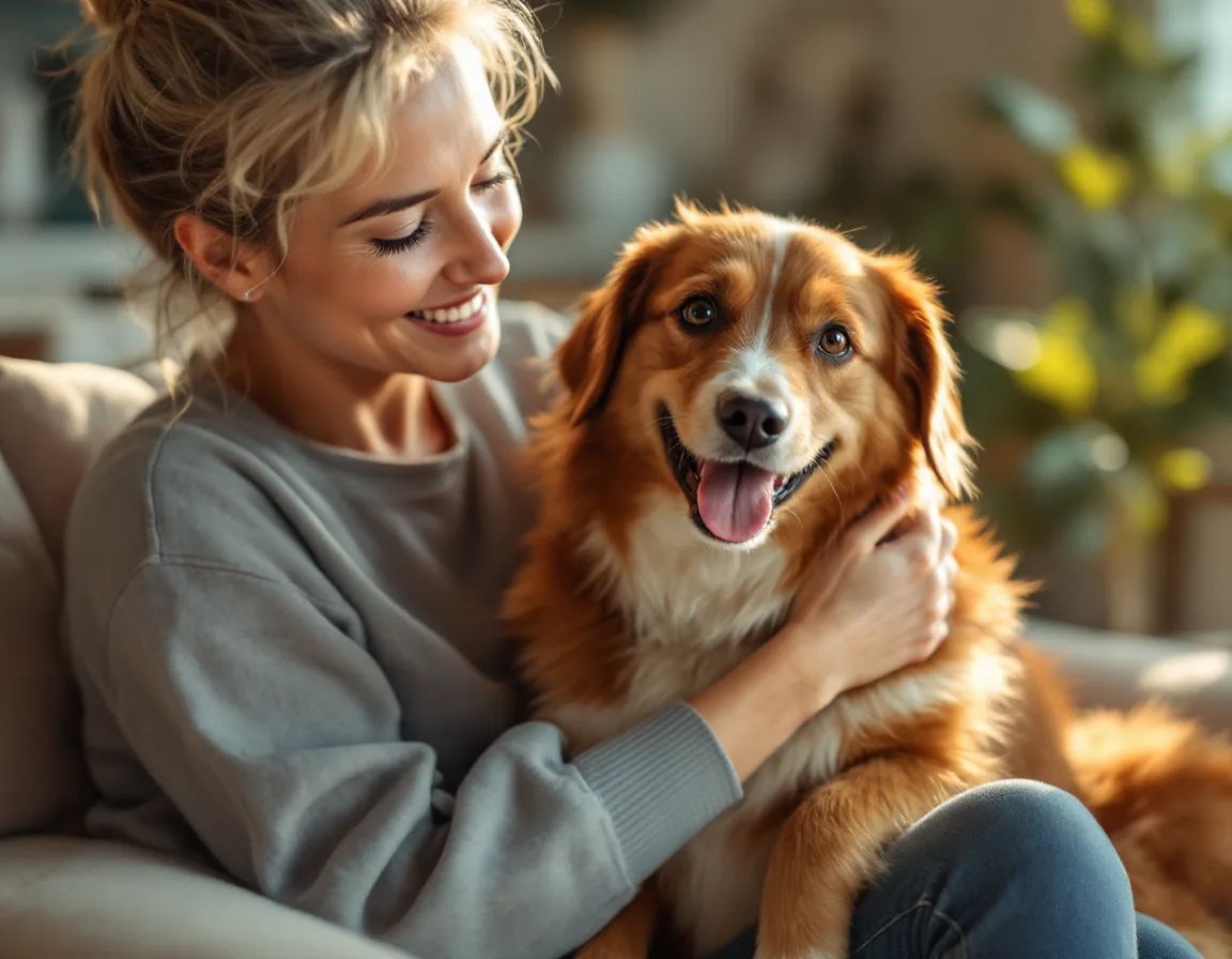 A pet owner relaxed and smiling while gently holding their happy dog in a warm clinic waiting area.